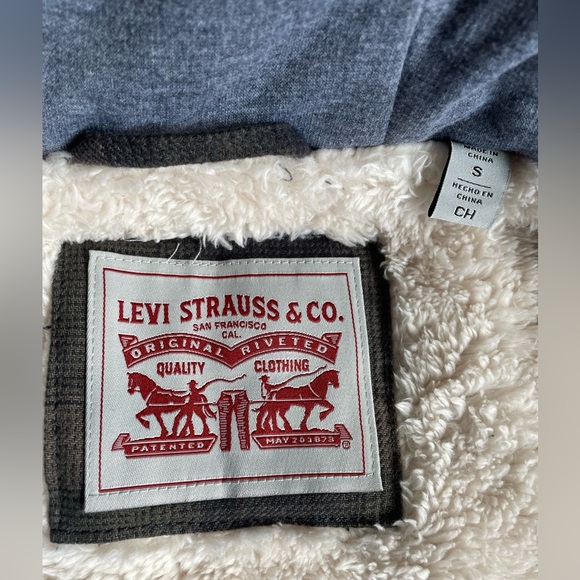 Levis Cotton Plaid Sherpa Lined Hoodie Jacket in Green Ombré, Size Small - Picture 12 of 14